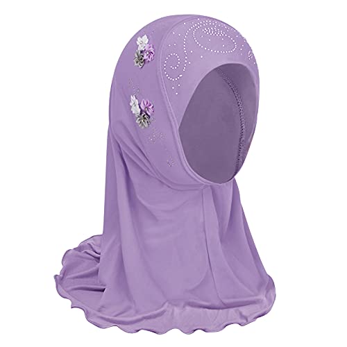 Girls Ice Silk Muslim Khimar Hijab Headscarf Flower Arab Scarf Shawls Neck Wrap Islamic Head Wrap for Age 2-7 Years - color: Style 3-purple