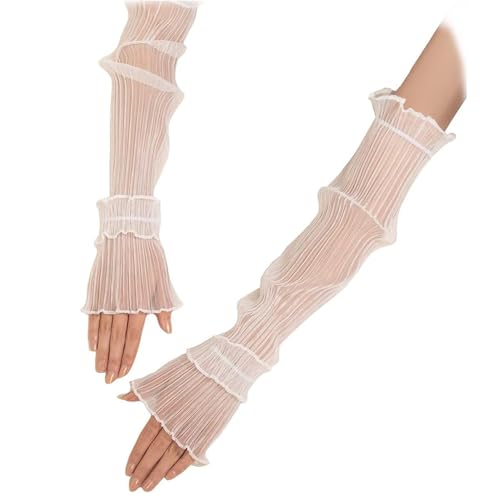 Light Thin Lace Mesh Ruched Ruffle Hem Arm Sleeve,Sun Protection Long Sleeve Arms Accessories for Outdoor Sports - color: White