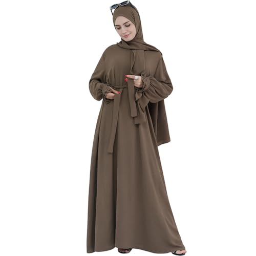 Women Muslim Dress Middle East Arabian Robe Islamic Modest Dress with Hijab Scarf Lace Sleeve Flowy Abaya Dress - color: Brown