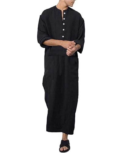 Jacansi Men's 65% Cotton 35% Linen Long Sleeve Kaftan, Button Down Ankle Length Thobe with Side Split & Pocket - color: Black, size: X-Large