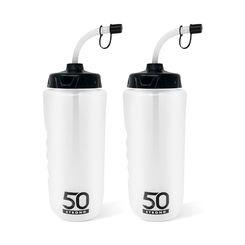 50 Strong 1 Liter Water Bottle with Straw – 2-Pack Easy-Squeeze Sports Bottles with Long Straw & Built-In Finger Grip – BPA-Free – Made in USA – Ideal for Hockey, Football, Lacrosse & Boxing - size: 2 Pack