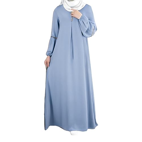 GOKKILRW Womens Solid Color Abaya Maxi Dress Modest Muslim Prayer Robe Long Sleeve Dubai Long Dress Islamic Lightweight Dress - color: Blue, size: Small