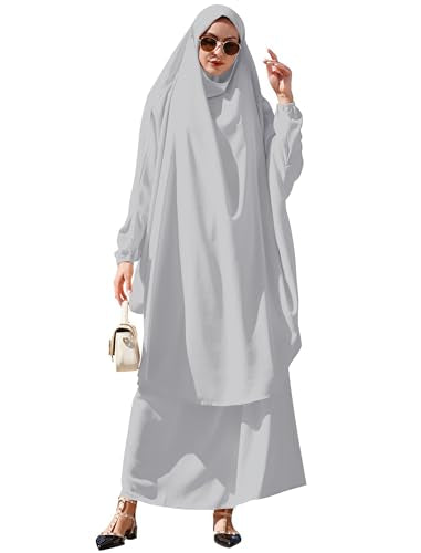 Abayas for Women Muslim Chiffon Prayer Burqa Dress Burkas for Women Muslim Hijab Dress Full Length Islamic Veil Abaya Set - color: Light Gray