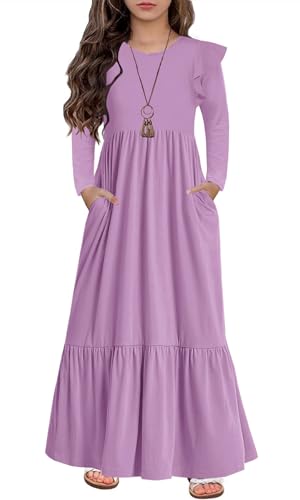 HOSIKA Girls Fall Ruffle Long Sleeve Crew Neck Loose Casual Flowy Tiered Maxi Dress with Pockets for 6-12 Y - color: Purple, size: 6 Years