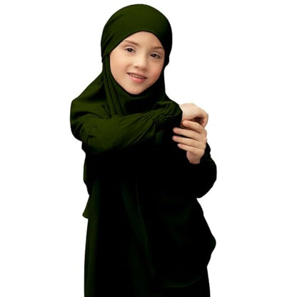 Muslim Clothes for Toddler Girls Long Sleeve Abaya with Hijab Two Piece Kids Prayer Dress Maxi Islamic Scarf Kaftan - color: Ag, size: 5-6 Years