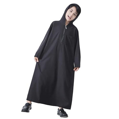 Xiaojmake Dubai Abaya Thobe Elegant Ramadan for Boys Zip Arabic Prayer Clothes with Pockets Islamic Muslim Outfits 3-15Y - color: Black, size: 10-11 Years
