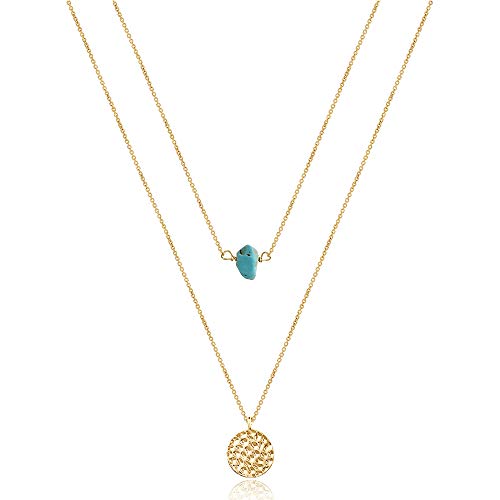 Turandoss Dainty Layered Choker Necklace, Handmade Y Pendant Necklace Multilayer Bar Disc Necklace Adjustable Layering Choker Necklaces for Women - style: 2PCS - Blue Turquoise&Hammered Disc