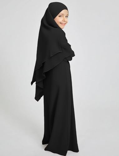 ODIZLI Kids Girls Ramadan Abaya Muslim Long Sleeve Hijab Chiffon Dress Dubai Kaftan with Pockets - color: Black, size: 3-4 Years