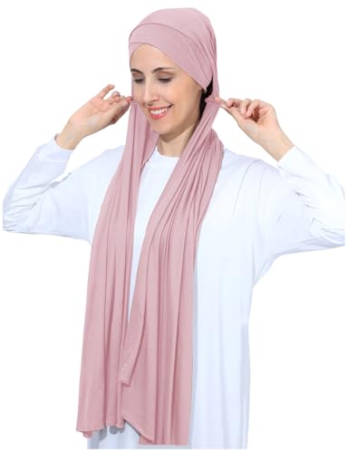 Instant Jersey Cotton Hijab Scarf for Women, Non-See Through Tieback Muslim Head Scarf - color: Pink