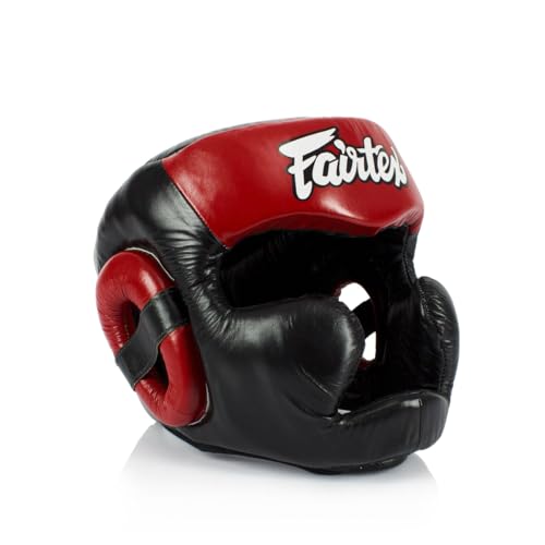 Fairtex Muay Thai & Boxing Headgear | Protective Sparring Head Guard with Adjustable Straps, Multi-Layer Padding, Enhanced Vision & Coverage - color: HG13 Full Head-Black/Red, size: X-Large