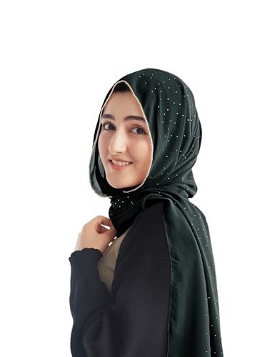 Hijab for Women Premium Chiffon Hijab Rhinestone Hijab Scraf for Women Muslim - color: Dark Green