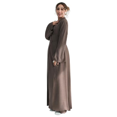 2PCS Women Muslim Abaya Dress Stand Collar Full Coverage Cardigan Dress Set - color: Mocha, size: Large