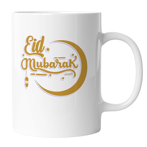 Eid al-Adha Ceramic Mug Set of 6, Eid Mubarak Islamic Gift Cup with Crescent Moon, Stars and Lantern Design, Coffee Mug for Muslim Celebrations, Home or Office Use