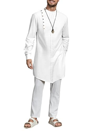Gafeng Mens Kaftan Thobe Long Sleeve Robe Gown Casual Cotton Linen Button Muslim Shirt - color: White-, size: Medium