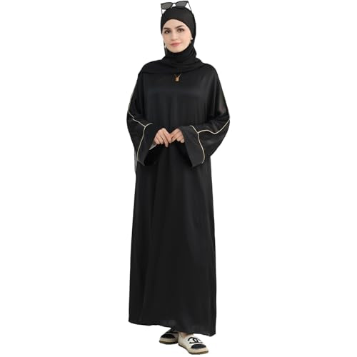 Muslim Praying Dress for Women Silk Glossy Back Zipper Robe Wear Gold Trim Modest Abaya Dress with Hijab - color: Black, size: Large