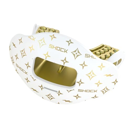 Shock Doctor Football Lip Guard Mouthpiece with Strap – Breathable, Wide Opening – Adult & Youth OSFA - color: White/Gold Lux