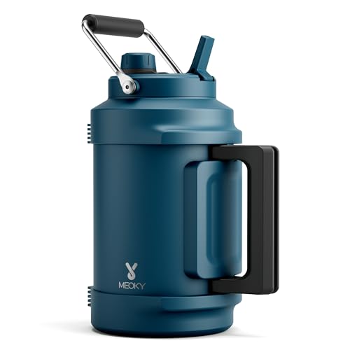 1 Gallon Insulated Water Bottle for Sports: Meoky 128 oz Triple Wall Vacuum Stainless Steel Water Jug - Top and Side Handles, Cold for 48 Hrs, 2-in-1 Straw and Spout Lid, Leak Proof for Hiking (Denim) - color: Denim, size: 128 Ounces