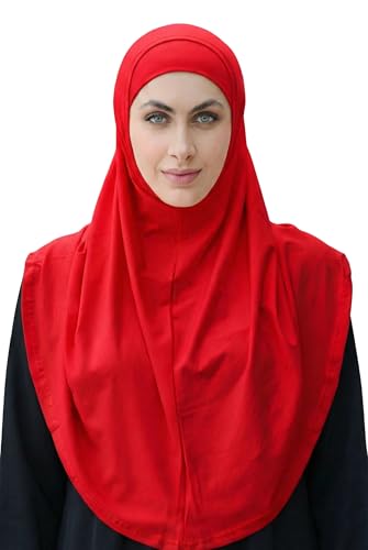 SARJANA Women's Solid Color Cotton Hijab with Under Scarf Cap Ready to Wear Stretch Scarves Long Scarfs FREE SIZE - color: Red