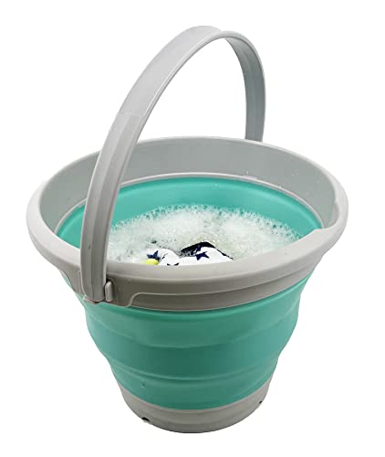 SAMMART 5.5L (1.4 Gallon) Set of 2 Collapsible Plastic Bucket - Foldable Round Tub - Portable Fishing Water Pail - Space Saving Outdoor Waterpot. (Pale Pink + Pine) - color: Pale Pink + Pine