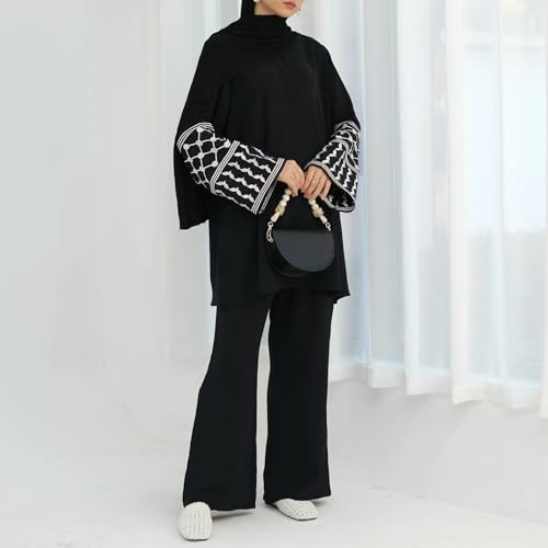 Women's Top + Pants Eid Ramadan Muslim Two-piece Outfits Embroidered Dubai Abaya Islamic Arabic Clothing - color: Black, size: X-Small-Small