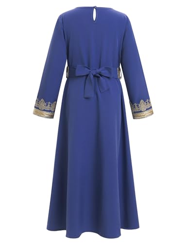 Muslim Dress for Kids Girls Abaya Middle East Ramadan Long Sleeve Lace Prayer Dress Arabic Kaftan with Belt - color: Royal Blue, size: 9-10 Years