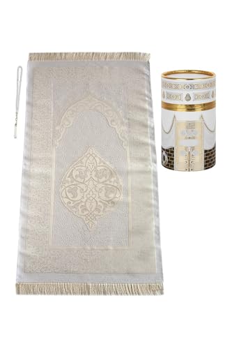 ihvan online Muslim Prayer Rug and Prayer Beads with Elegant Design Cylinder Gift Box, Janamaz, Soft Sajadah, Islamic Gifts Set, Portable Prayers Carpet Mat, Taffeta Fabric, White / Mod2 - color: White/Mod2