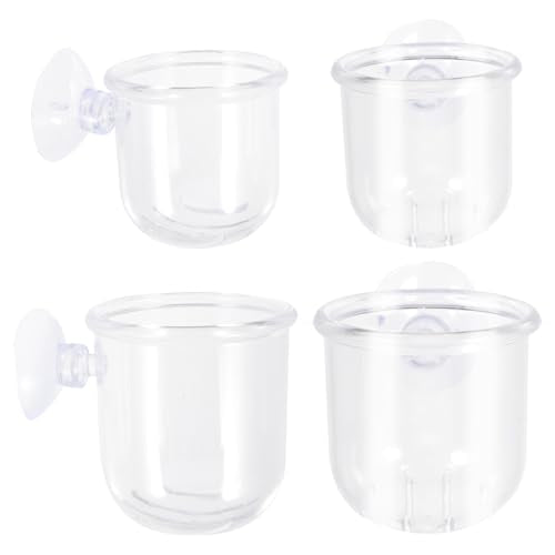 OUNONA 4pcs Acrylic Fish Feeding Cups with Suction Cups, Removable Bait Feeder Containers for Aquarium, Small and Large Sizes, Fish Tank Supply for Betta and Aquatic Pets