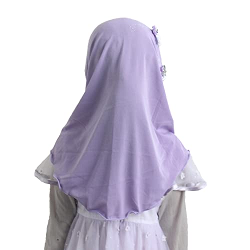 Instant Hijab for Kids Girls Hijabs Muslim Islamic Head Scarf with Rhinestone and Flowers - color: Lavender