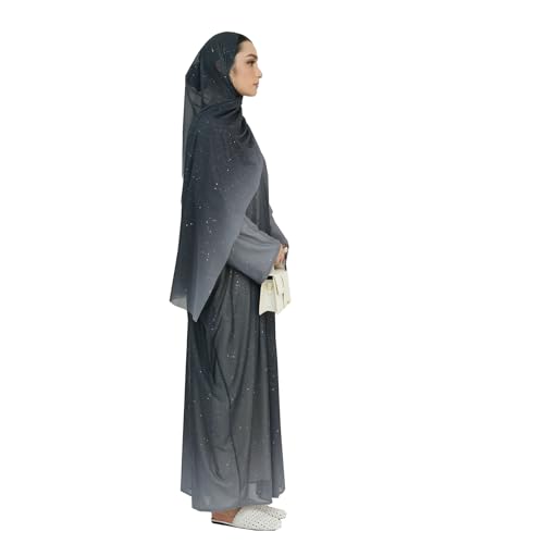 Muslim Women Abaya Gradient Flash Cardigan Sequin Robe with Hijab | Gradient Color, Flash Sequin, Scarf Hijab - color: 블랙., size: L