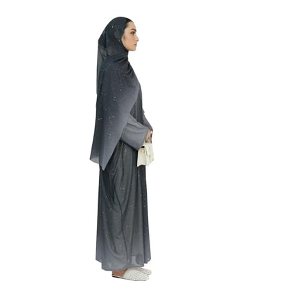Muslim Women Abaya Gradient Flash Cardigan Sequin Robe with Hijab | Gradient Color, Flash Sequin, Scarf Hijab - color: 블랙., size: L