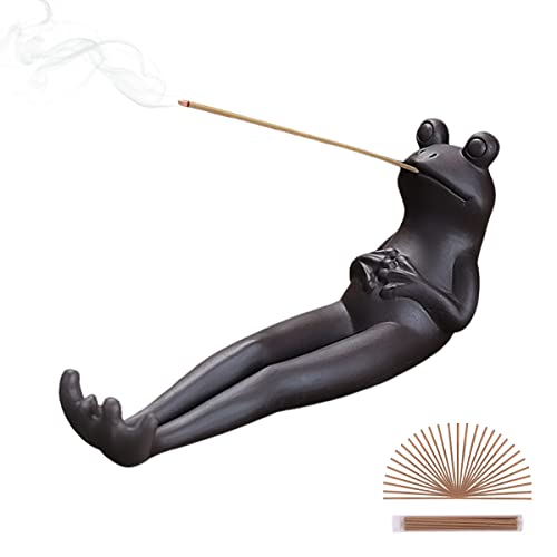 ChangWanna Frog Incense Stick Holder - Ceramic Insence Burner Ash Catcher, Insense Stand with 45 Sandalwood Sticks, Ornament for Aromatherapy/Yoga/Meditation/Home Living Room Office Decor - color: Frog Black