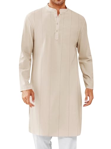 Runcati Mens Kaftan Thobe Button Down Henley Shirts Robe Long Sleeve Casual Cotton Pleated Muslim Gown Shirt - color: Beige, size: Large