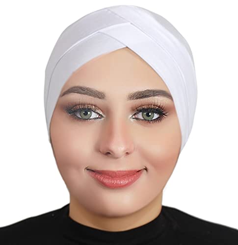 Solid Color Full Cover Inner Hijab Caps Muslim Forehead Cross Turban Stretch Hijab for Women Head Scarf Under Hijab - color: White