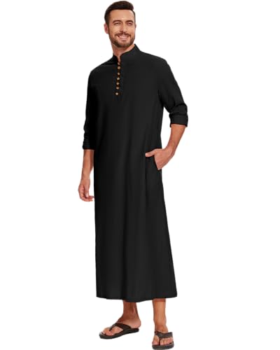 LVCBL Thobe for Men Long Sleeve Kaftan Muslim Thobe Button Down Long Gown Caftan with Pockets - color: Black, size: X-Large