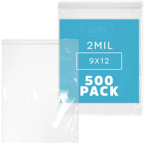 GPI - 9" x 12" Zip Bags, 500 Count, 2 Mil, Clear Plastic Reclosable Zipper Poly Baggies, with Resealable Lock Seal. for A4 Letter Size Paper, Apparel, Clothing, Food, Home & Office Supplies. - size: 9" x 12"