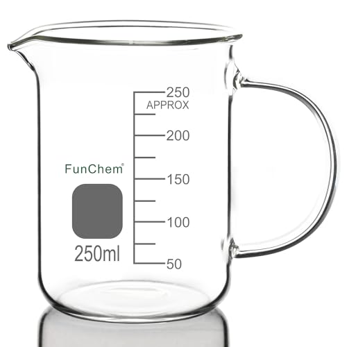 FunChem Glass Beaker with Handle, 250 ml Borosilicate Glass Clear Graduated Low Form Griffin Beaker with Pouring Spout - size: 250 ml