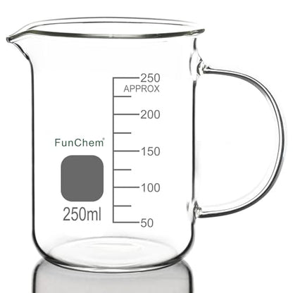 FunChem Glass Beaker with Handle, 250 ml Borosilicate Glass Clear Graduated Low Form Griffin Beaker with Pouring Spout - size: 250 ml