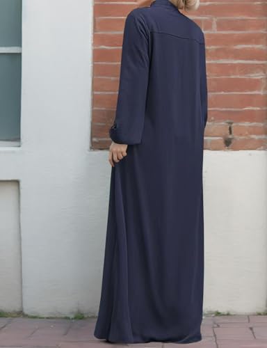 Womens Abaya Muslim Long Sleeve Front Zipper Dress Prayer Islamic Clothes with Pockets - color: Blue, size: Medium