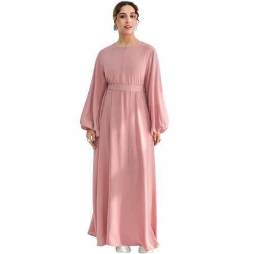 Muslim 여성용 Abaya 드레스 프론트 지퍼 기도 로브 부드럽고 가벼운 하늘거리는 맥시 드레스 포켓 및 벨트 포함 - color: 라이트 핑크, size: M