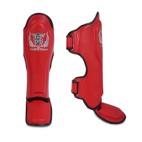 Top King New Pro Leather Shin Guards for Muay Thai - color: Red-Black, size: Medium