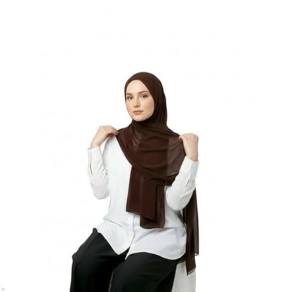 Women's Magnetic Hijab with Stitched Undercap - No Pin Chiffon Prayer Scarf - color: Dark Brown
