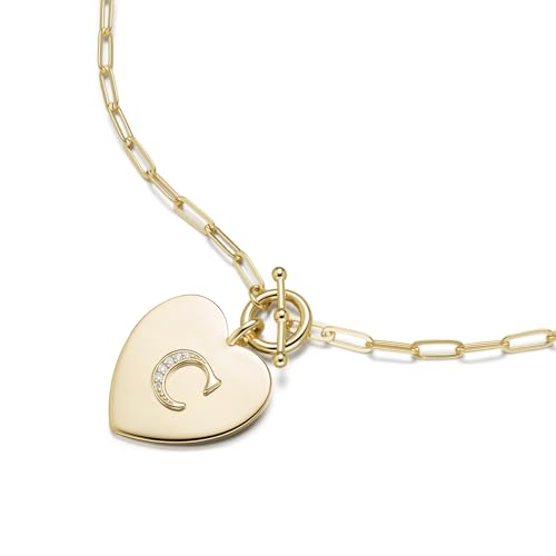 14K Gold Filled Heart Initial Necklace for Women, Dainty Alphabet Pendant Necklace with Paperclip Chain, Hypoallergenic Jewelry Gift for Her - color: Letter C