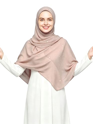 Lina & Lily Sparkle Shimmer Gold Glitter Women's Chiffon Hijab Head Scarf Shawl Wrap Lightweight - color: Nude