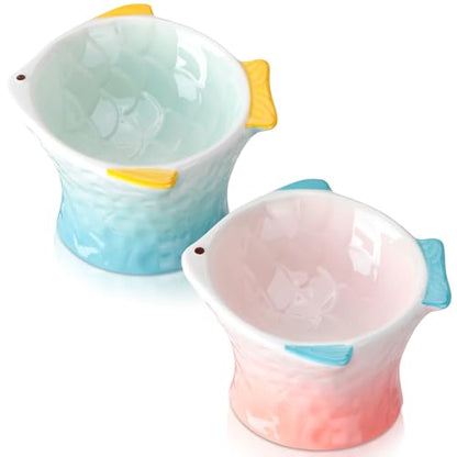 Tioncy 2 Pcs Raised Tilted Ceramic Cat Food Bowl Fish Shape Cute Elevated Slanted Shallow Angled Cat Dish Non Slip Feeder Bowl for Anti-Vomiting and Whisker Fatigue(Green, Pink) - color: Green, Pink