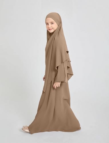 ODIZLI Kids Girls Ramadan Abaya Muslim Long Sleeve Hijab Chiffon Dress Dubai Kaftan with Pockets - color: Khaki, size: 3-4 Years