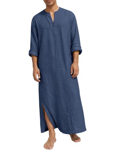 Runcati Mens Kaftan Robe Linen Long Sleeve Thobe Kurta Muslim Gown Shirt - color: Navy, size: X-Large