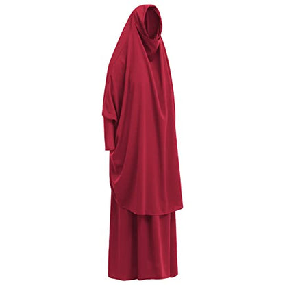 Prayer Clothes for Muslim Women Islamic Abaya Suit Maxi Skirt + Khimar Hijab 2pcss Burka Jilbab Kaftan - color: Wine Red