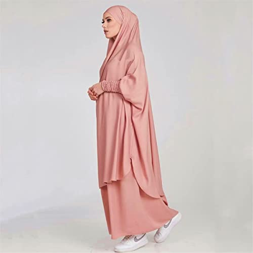 Women Muslim 2 Set Solid Color Plus Long Sleeve Thobe One-size Longuette Overall Abaya Thobe with Hoodied Hijab - color: Pink