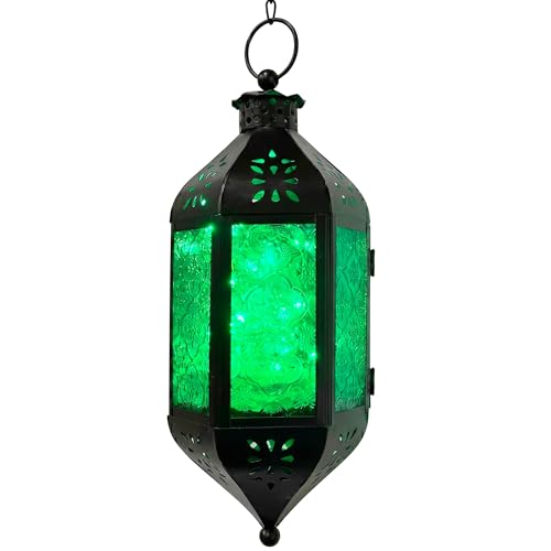 Vela Lanterns Hanging Moroccan Lantern with LED Twinkle Fairy Lights - Exotic Decorative Patio & Porch Decor, Indoor Outdoor Candle Lamp Holder with Chain (13" Large, Green Glass) - color: Green, size: Large