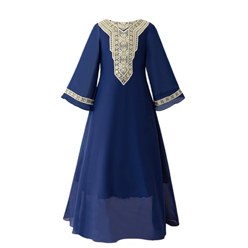 Toddler Girls Muslim Abaya Dress Islamic Dubai Modest Lace Belted Dress Abayas Kaftan Eid Prayer Clothes Arabian Maxi Robe - color: Navy-b, size: 3-4T